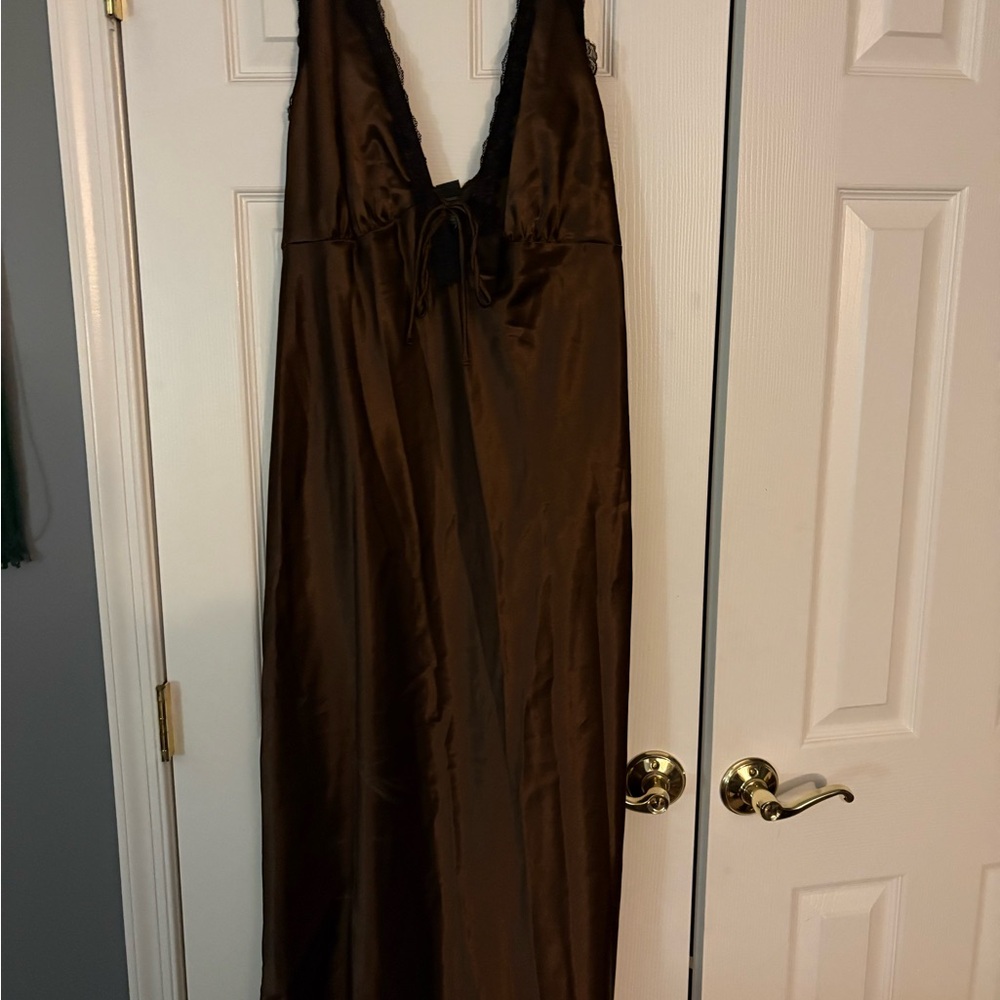 Wild Fable Chocolate Satin Chemise Dress with Black Lace